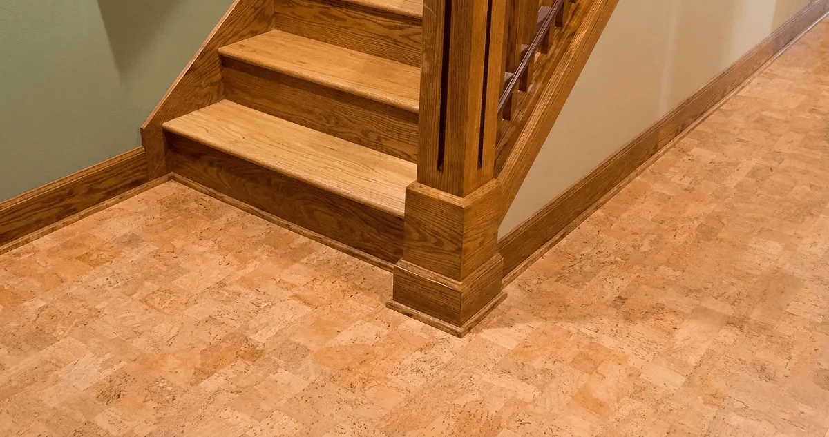 End of a staircase with cork flooring in Riverside, CA